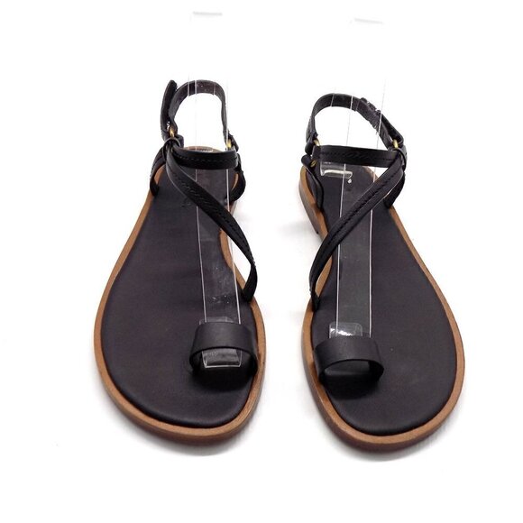 Vince Black Leather Flat Sandals Perrigan Hook and Loop Closure Toe Ring - Picture 4 of 14